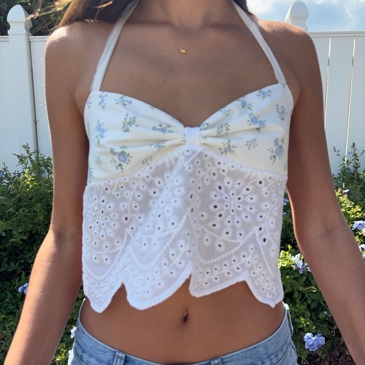 Blue & eyelet tie back top