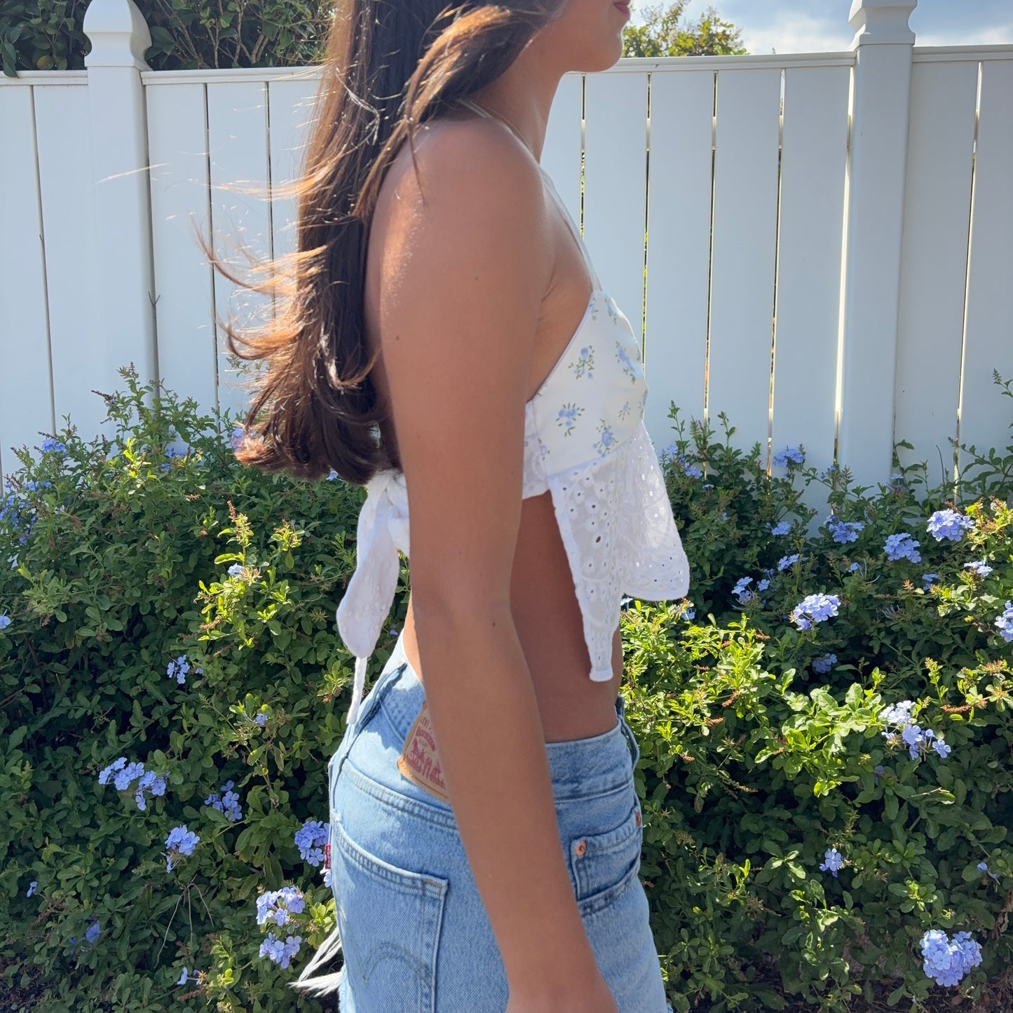 Blue & eyelet tie back top